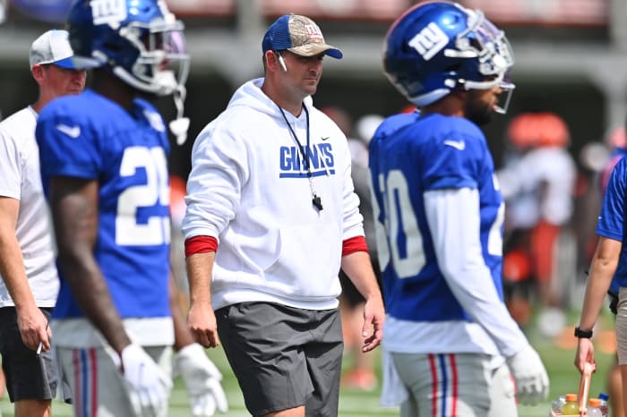 Aug 19, 2021; Berea, OH, USA; New York Giants head coach Joe Judge during a joint practice with the Cleveland Browns at CrossCountry Mortgage Campus.