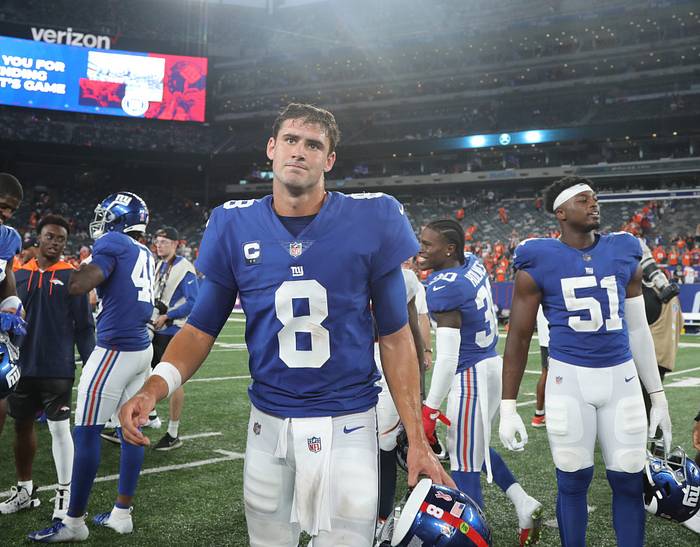 Giants quarterback Daniel Jones walks off the field aye the end of the game as the Denver Broncos came to MetLife Stadium in East Rutherford, NJ and beat the New York Giants 27-13 in the first game of the 2021 season on September 12, 2021.