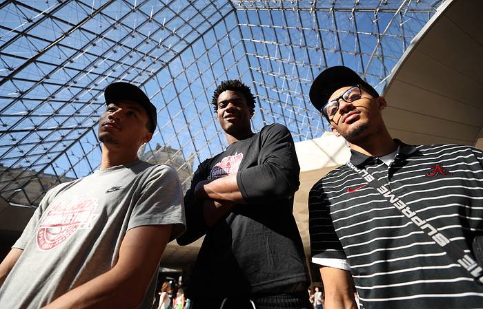 Jahvon Quinerly, Nick Pringle and Jaden Quinerly at the Louvre