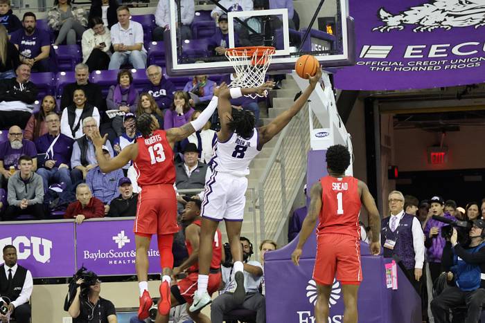 Ernest Udeh Jr. (8) led the Frogs with nine rebounds in Saturday's victory over the No. 2 Houston Cougars.