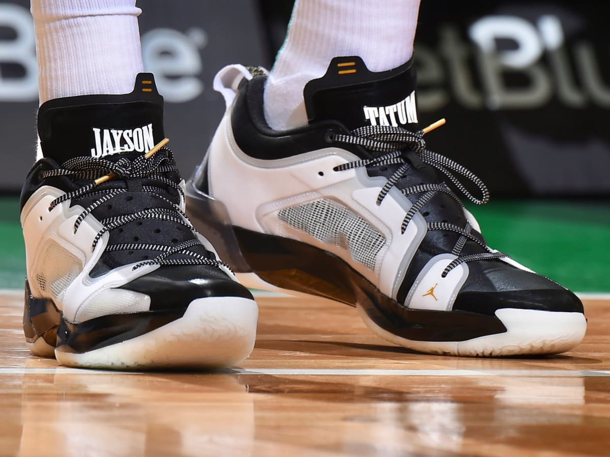 Boston Celtics' Jayson Tatum's Jordan 36 PE No Guac shoes are seen during  the second quarter of an NBA basketball game between the Boston Celtics and  the Cleveland Cavaliers Friday, Oct. 28