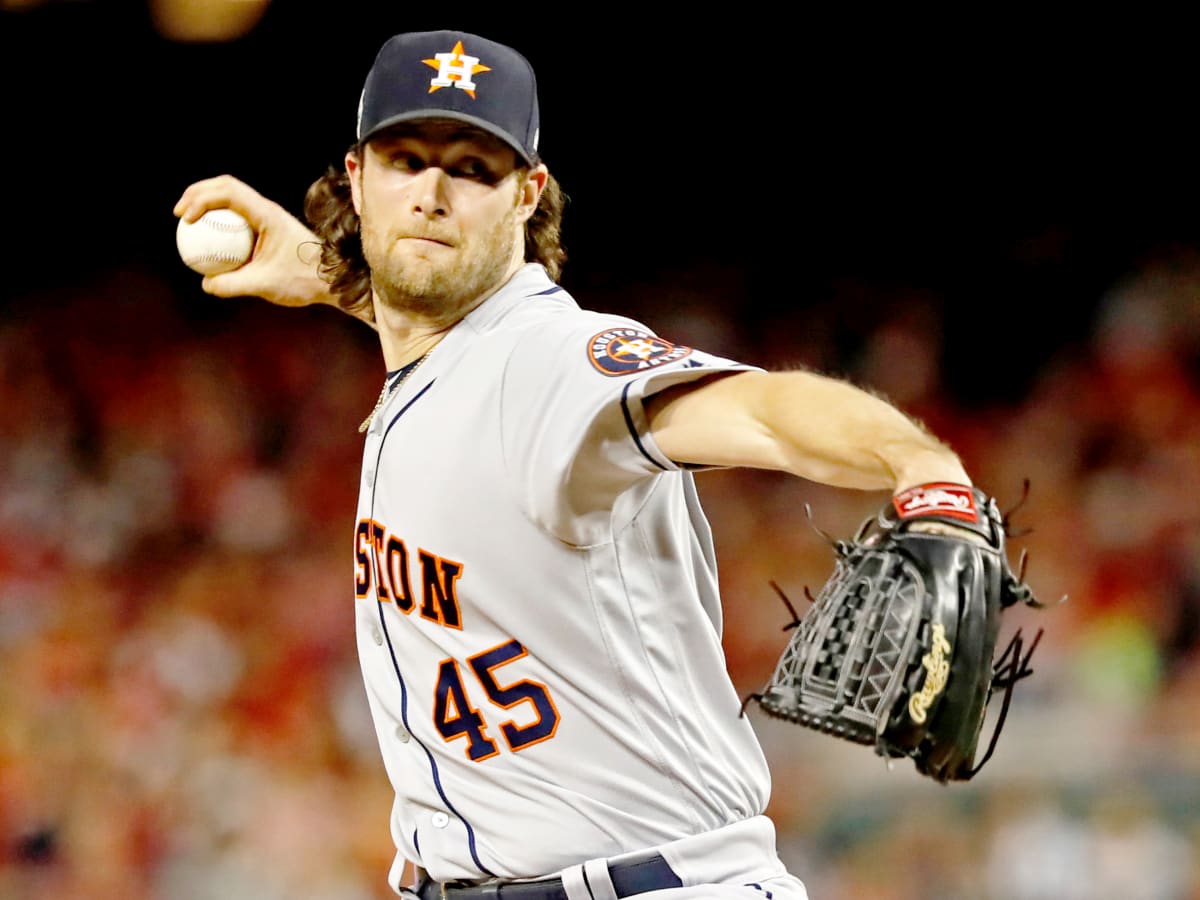 August 10, 2018: Houston Astros starting pitcher Gerrit Cole (45) pitches  during a Major League Baseball game between the Houston Astros and the  Seattle Mariners on 1970s night at Minute Maid Park