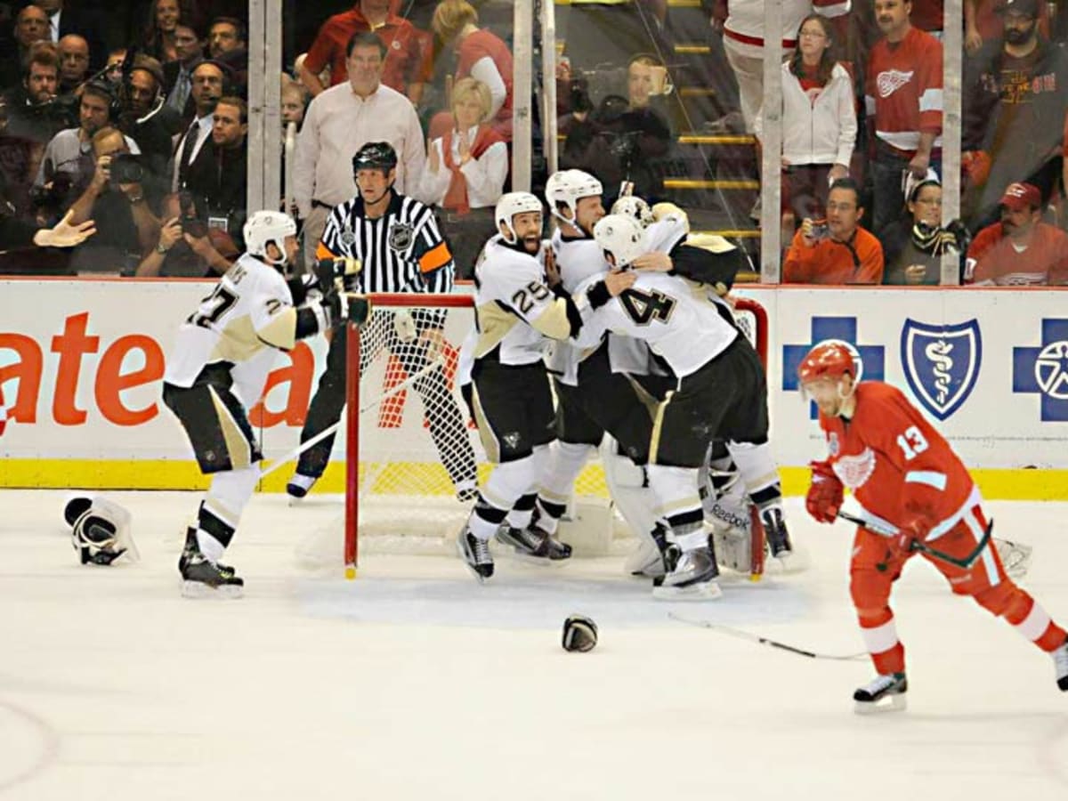 Pittsburgh Penguins goalie Marc-Andre Fleury blocks the puck with his pads  against the New York Rangers in the second period of game two of the  semifinals for the 2008 Eastern Conference Stanley