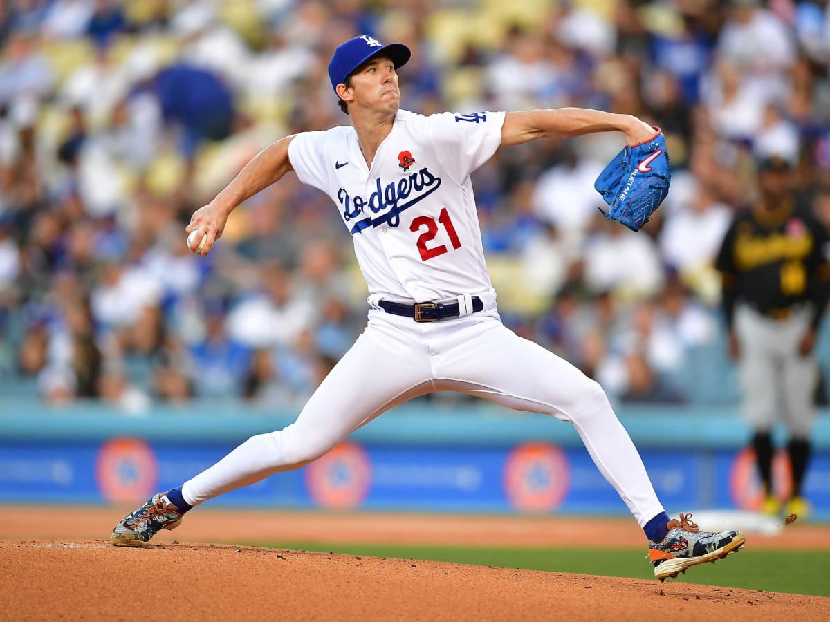 Walker Buehler Los Angeles Dodgers Unsigned White Jersey Pitching Photograph