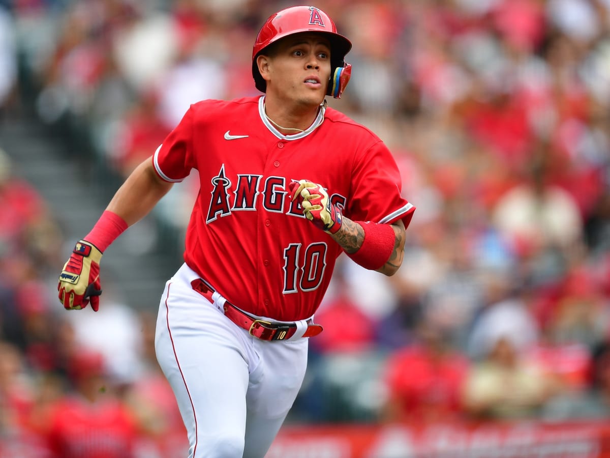 Los Angeles Angels' Gio Urshela (10) hits an RBI single during the eighth  inning of a baseball game against the New York Yankees Wednesday, April 19,  2023, in New York. (AP Photo/Frank