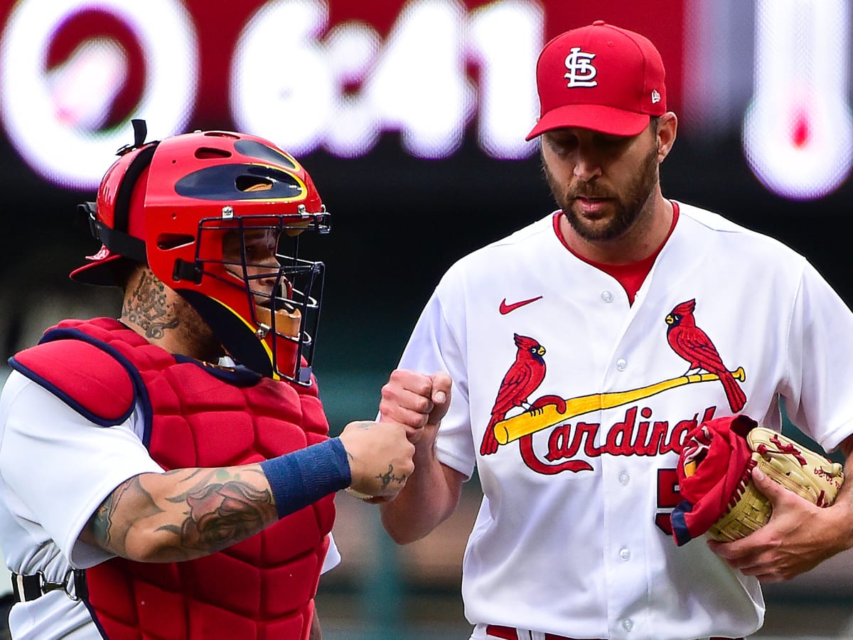 St. Louis Cardinals catcher Yadier Molina throws the baseball in during the  fifth inning against the Los Angeles Ddogers at Busch Stadium in St. Louis  on April 9, 2019. Photo by Bill