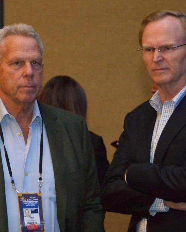 Feb 5, 2016; San Francisco, CA, USA; New York Giants co-owners Steve Tisch (left) and John Mara during a press conference at Moscone Center in advance of Super Bowl 50 between the Carolina Panthers and the Denver Broncos.