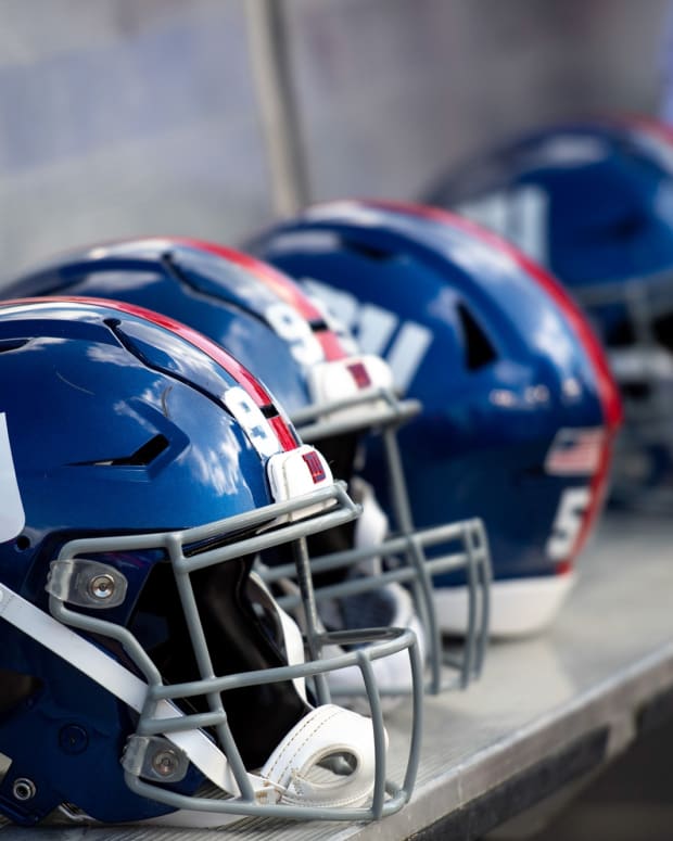Sep 22, 2019; Tampa, FL, USA; General view of New York Giants helmets on the bench prior to the game against the Tampa Bay Buccaneers at Raymond James Stadium.