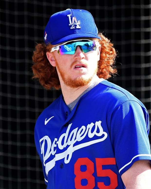 Feb 21, 2020; Glendale, Arizona, USA; Los Angeles Dodgers starting pitcher Dustin May (85) looks on during spring training at Camelback Ranch. Mandatory Credit: Jayne Kamin-Oncea-USA TODAY Sports