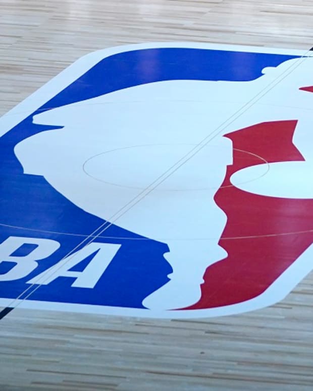 A general view of the NBA logo at center court inside the Orlando bubble at the Walt Disney World Resort campus.