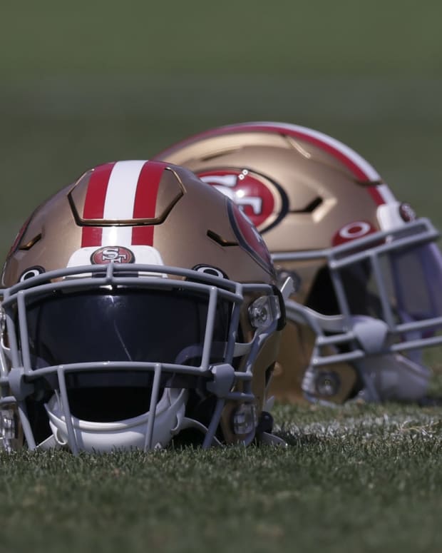 Aug 17, 2020; Santa Clara, CA, USA; Detail view of San Francisco 49ers helmets during training camp at SAP Performance Facility.