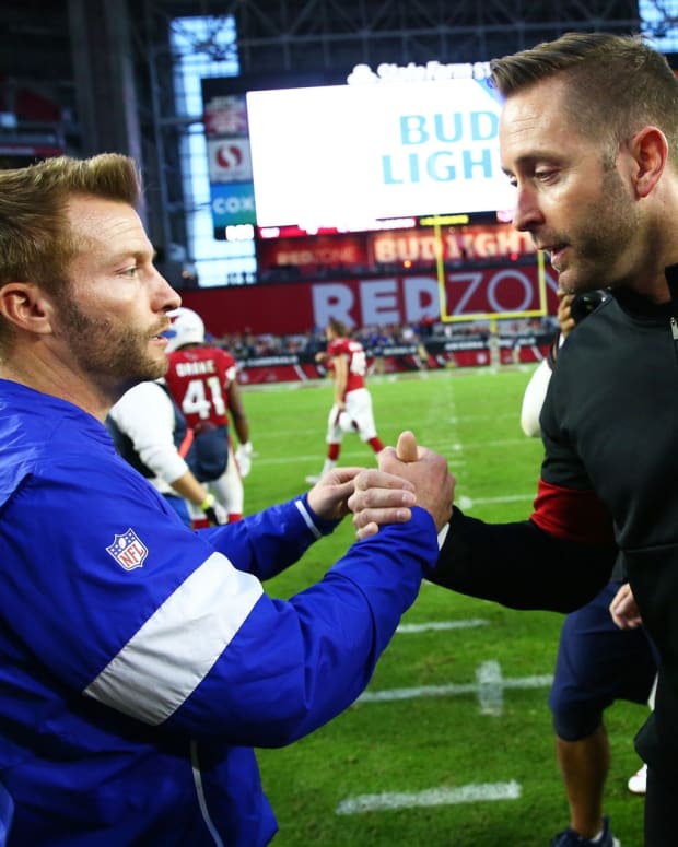 Los Angeles head coach Sean McVay greets Arizona head coach Kliff Kingsbury after the Rams defeated the Cardinals 34-7 during a game on Dec. 1, 2019 in Glendale, Ariz.