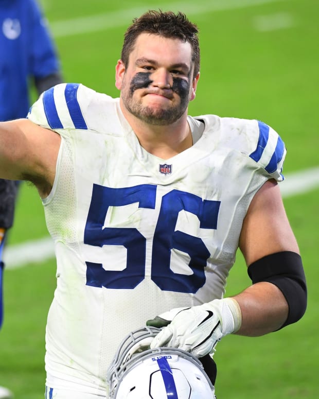 Indianapolis Colts offensive left guard Quenton Nelson waves after a road win at Tennessee in 2020.