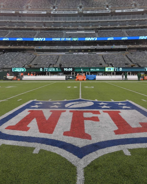 Nov 24, 2019; East Rutherford, NJ, USA; General overall view of the NFL shield logo at midfield at MetLife Stadium. The Jets defeated the Raiders 34-3.
