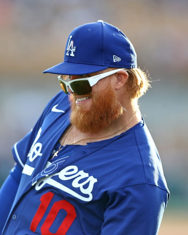 Mar 6, 2020; Phoenix, Arizona, USA; Los Angeles Dodgers third baseman Justin Turner reacts prior to game against the Seattle Mariners in a spring training game at Camelback Ranch. Mandatory Credit: Mark J. Rebilas-USA TODAY Sports
