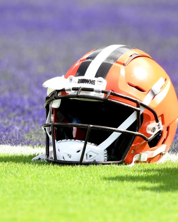 Sep 29, 2019; Baltimore, MD, USA; A Cleveland Browns helmet on the field before a football game against the Baltimore Ravens at M&T Bank Stadium. Mandatory Credit: Mitchell Layton-USA TODAY Sports