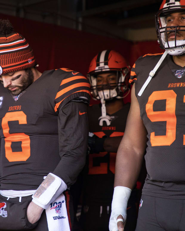 Dec 22, 2019; Cleveland, Ohio, USA; Cleveland Browns quarterback Baker Mayfield (6) and defensive tackle Eli Ankou (91) stand in the tunnel before the start of the game against the Baltimore Ravens at FirstEnergy Stadium. Mandatory Credit: Scott Galvin-USA TODAY Sports