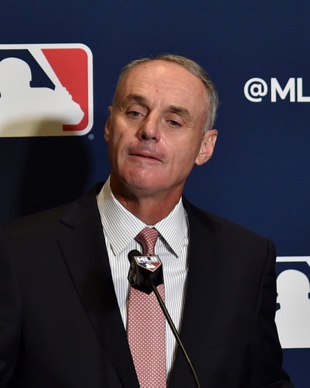 Feb 17, 2019; West Palm Beach, FL, USA; MLB commissioner Rob Manfred addresses representatives from the grapefruit league during the annual spring training media day at Hilton in West Palm Beach. Mandatory Credit: Steve Mitchell-USA TODAY Sports