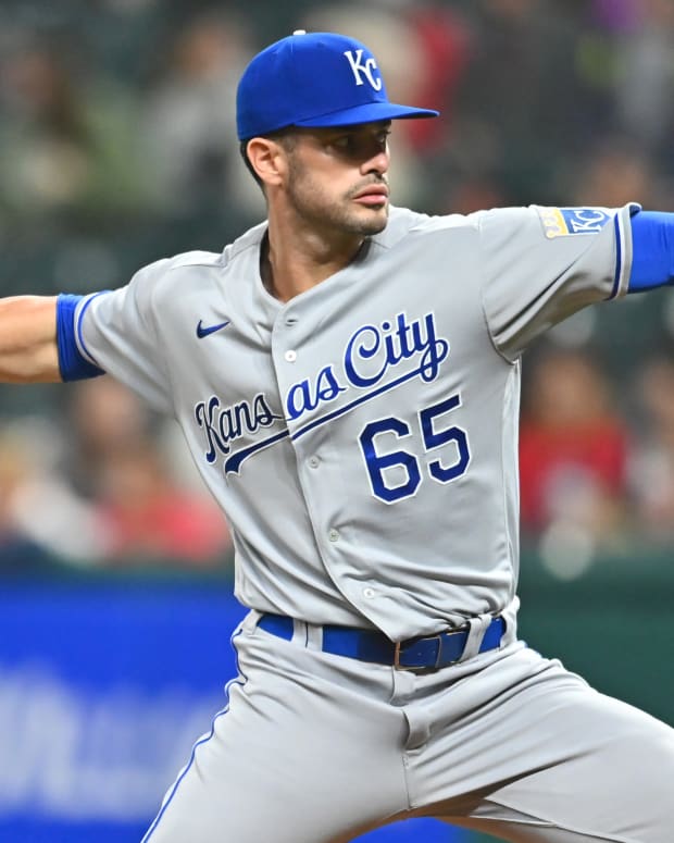 Sep 21, 2021; Cleveland, Ohio, USA; Kansas City Royals relief pitcher Dylan Coleman (65) throws a pitch during the seventh inning against the Cleveland Indians at Progressive Field. Mandatory Credit: Ken Blaze-USA TODAY Sports