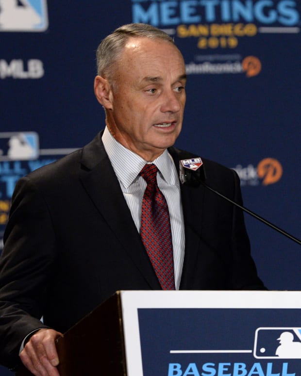 Dec 10, 2019; San Diego, CA, USA; MLB commissioner Rob Manfred speaks to the media before announcing the All-MLB team during the MLB Winter Meetings at Manchester Grand Hyatt. Mandatory Credit: Orlando Ramirez-USA TODAY Sports