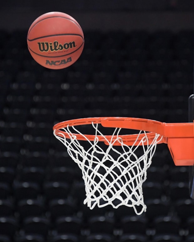 Mar 20, 2019; Salt Lake City, UT, USA; General overall view of a basketball approaching the rim and net before the first round of the 2019 NCAA Tournament at Vivint Smart Home Arena. Mandatory Credit: Kirby Lee-USA TODAY Sports