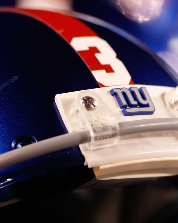 Aug 14, 2015; Cincinnati, OH, USA; A detailed view of a New York Giants logo on the helmet during the game against the Cincinnati Bengals in a preseason NFL football game at Paul Brown Stadium. The Bengals won 23-10.