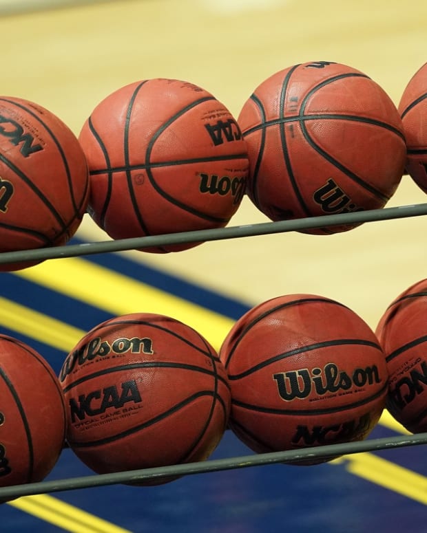 Dec 22, 2020; Berkeley, California, USA; A rack of basketballs sits on the court before the game between the California Golden Bears and the Seattle Redhawks at Haas Pavilion. Mandatory Credit: Darren Yamashita-USA TODAY Sports