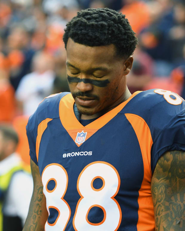 Denver Broncos wide receiver Demaryius Thomas (88) reacts during the national anthem before a game against the Kansas City Chiefs at Broncos Stadium at Mile High.