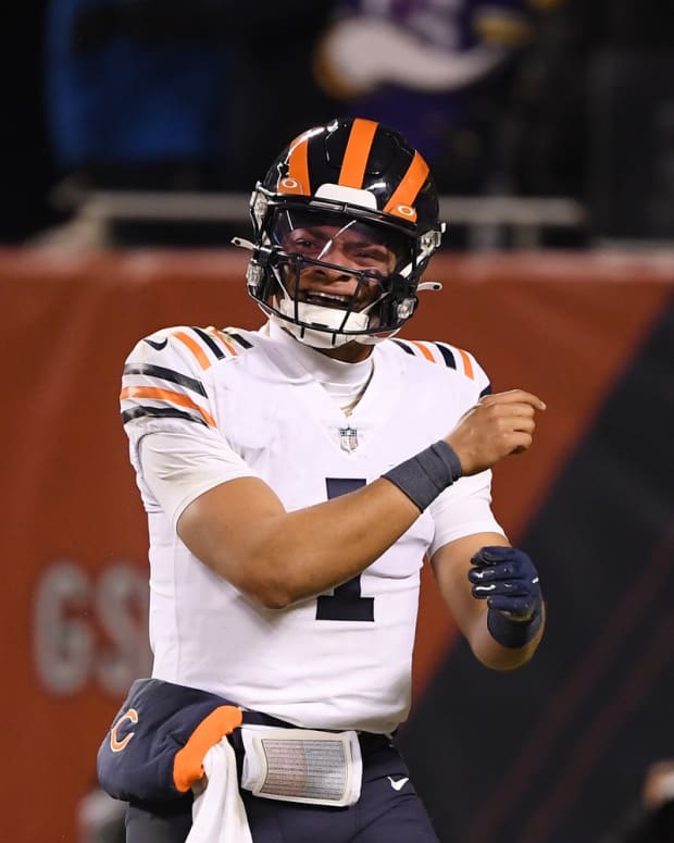 Dec 20, 2021; Chicago, Illinois, USA; Chicago Bears quarterback Justin Fields (1) reacts in the second half against the Minnesota Vikings at Soldier Field.