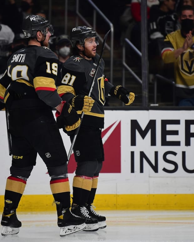 Dec 28, 2021; Los Angeles, California, USA; Vegas Golden Knights center Jonathan Marchessault (81) celebrates with right wing Reilly Smith (19) his goal scored against the Los Angeles Kings during the third period at Crypto.com Arena. Mandatory Credit: Gary A. Vasquez-USA TODAY Sports