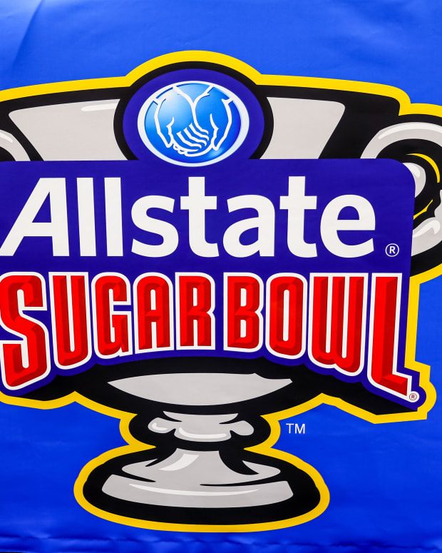 Jan 1, 2022; New Orleans, LA, USA; A detailed view of the Allstate Sugar Bowl logo on a banner before the 2022 Sugar Bowl between the Baylor Bears and the Mississippi Rebels at Caesars Superdome. Credit: Stephen Lew-USA TODAY Sports