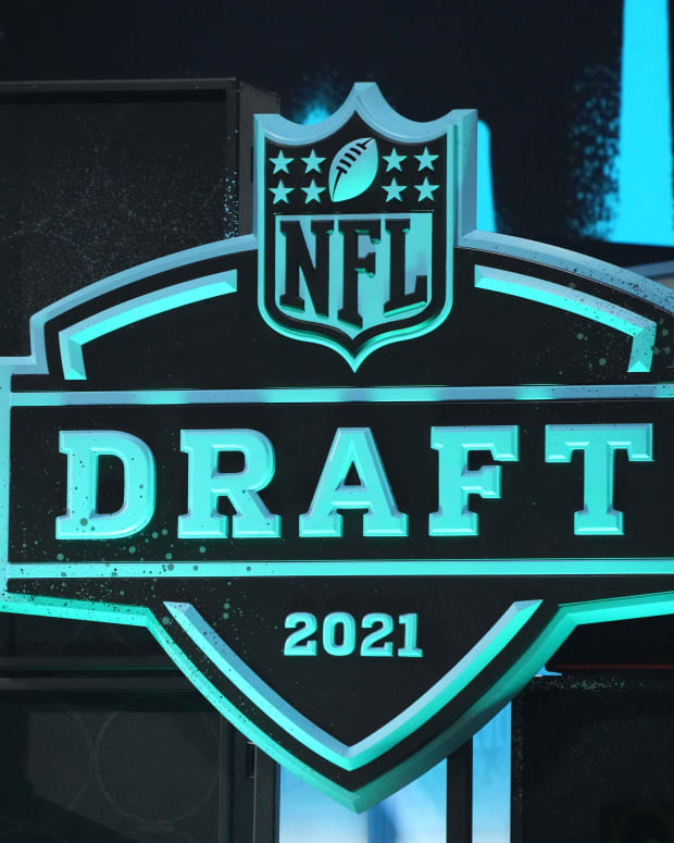 Apr 29, 2021; Cleveland, Ohio, USA; A general overall view of the 2021 NFL Shield Draft logo at First Energy Stadium.