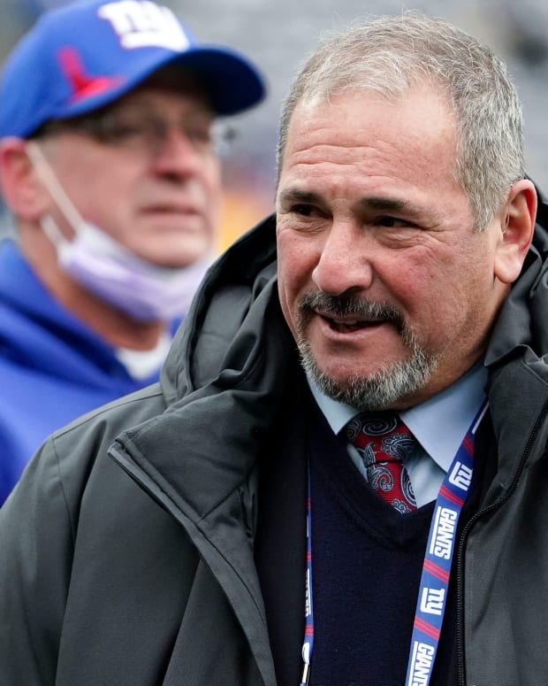 New York Giants general manager Dave Gettleman on the field before the Giants host the Washington Football Team in the final game of the season at MetLife Stadium on Sunday, Jan. 9, 2022.
