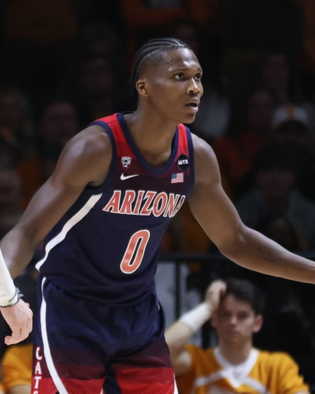 Dec 22, 2021; Knoxville, Tennessee, USA; Arizona Wildcats guard Bennedict Mathurin (0) reacts to being called for a foul against the Tennessee Volunteers during the second half at Thompson-Boling Arena. Mandatory Credit: Randy Sartin-USA TODAY Sports