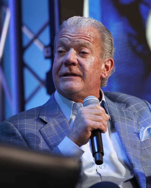 Colts owner Jim Irsay talks to Jeff Saturday during the Colts Town Hall Meeting with their fans and season ticket holders at the Colts Complex Thursday, May 2, 2019. Colts Town Hall Meeting