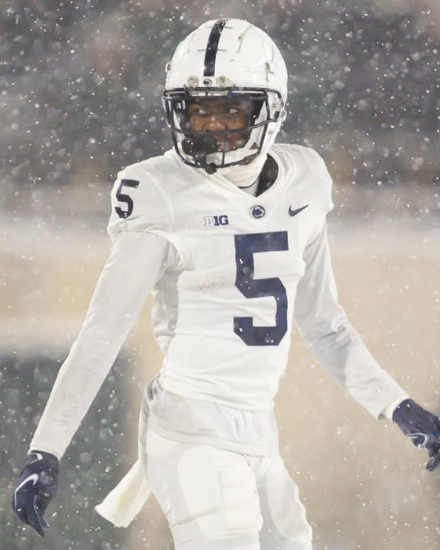 Penn State wide receiver Jahan Dotson looks to sideline