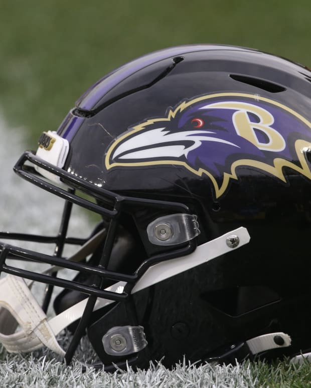 Dec 5, 2021; Pittsburgh, Pennsylvania, USA; A Baltimore Ravens helmet sits on the field against the Pittsburgh Steelers at Heinz Field.