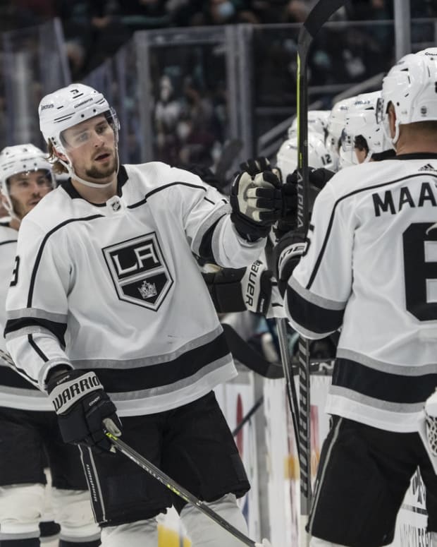 Jan 15, 2022; Seattle, Washington, USA; Los Angeles Kings center Adrian Kempe (9) celebrates scoring a goal during the first period against the Seattle Kraken at Climate Pledge Arena. Mandatory Credit: Stephen Brashear-USA TODAY Sports