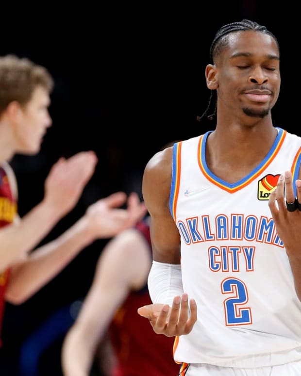 Oklahoma City's Shai Gilgeous-Alexander (2) reacts after a call in the second half of a 107-102 loss to Cleveland on Saturday at Paycom Center.

thunder1