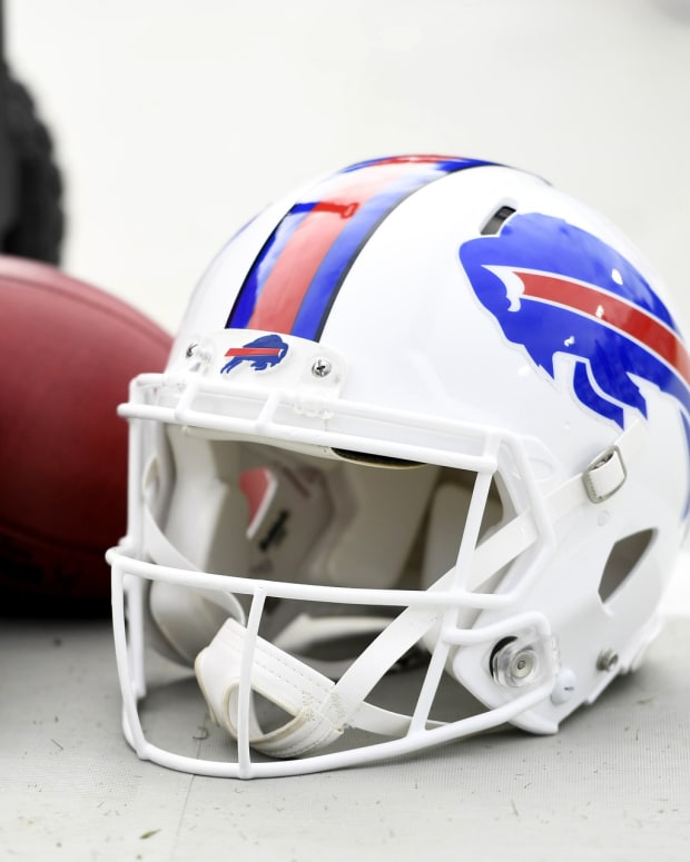 Nov 7, 2021; Jacksonville, Florida, USA; Buffalo Bills helmet before the game against the Jacksonville Jaguars at TIAA Bank Field.