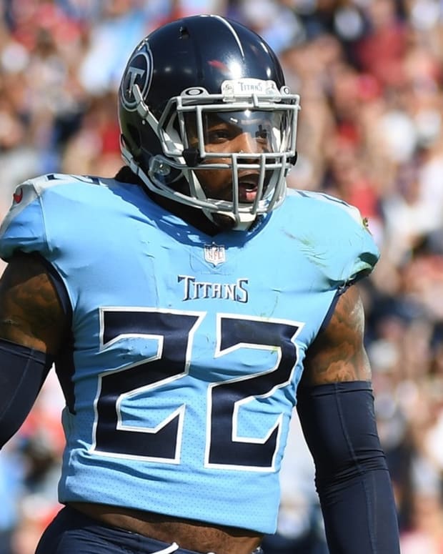 Tennessee Titans running back Derrick Henry (22) after a touchdown pass during the first half against the Kansas City Chiefs at Nissan Stadium.