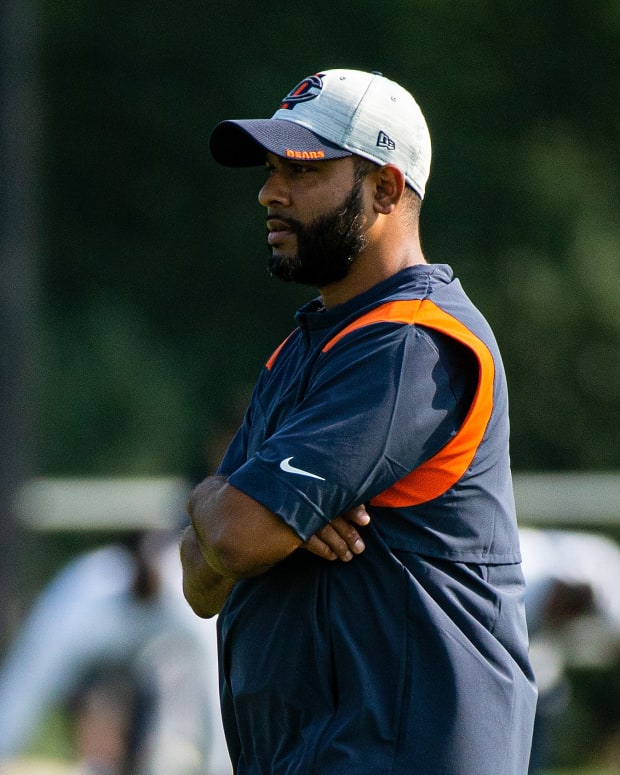 Bears defensive coordinator Sean Desai watches on during a training camp practice.