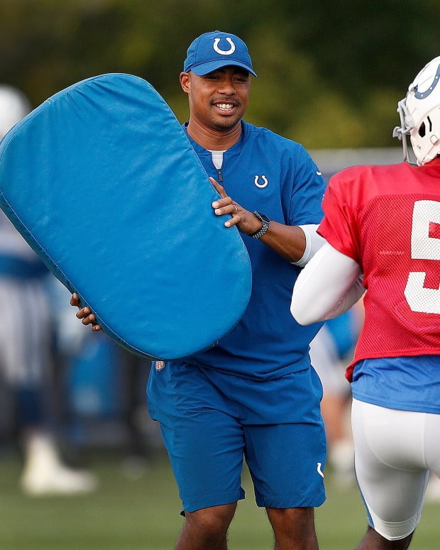 Then Indianapolis Colts assistant quarterbacks coach Marcus Brady works with his players at the Colts training camp at Grand Park in Westfield on Tuesday Aug 21 Indianapolis Colts Training Camp At Grand Park In Westfield