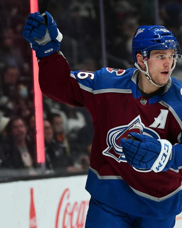 Jan 20, 2022; Los Angeles, California, USA; Colorado Avalanche right wing Mikko Rantanen (96) celebrates his power play goal scored against the Los Angeles Kings during the first period at Crypto.com Arena. Mandatory Credit: Gary A. Vasquez-USA TODAY Sports