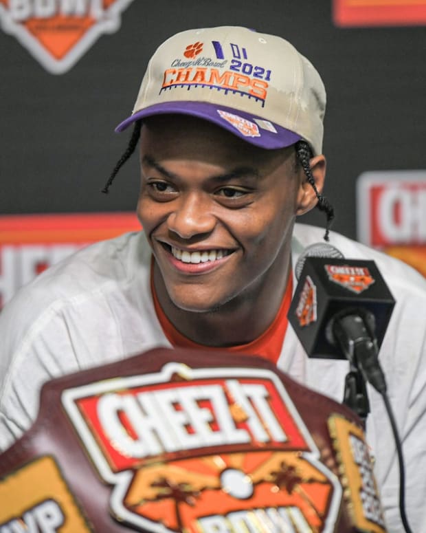Clemson corner back Mario Goodrich (31) smiles during the press conference after the 20-13 win over Iowa State 2021 Cheez-It Bowl at Camping World Stadium in Orlando, Florida Wednesday, December 29, 2021.