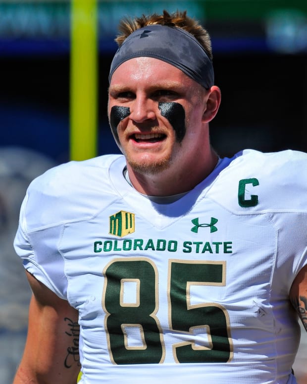 Colorado State tight end Trey McBride warms up before game