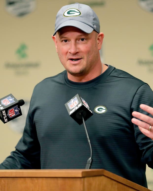 Nathaniel Hackett, the Green Bay Packers' new offensive coordinator, speaks to media on Feb. 18, 2019 at Lambeau Field in Green Bay, Wis.