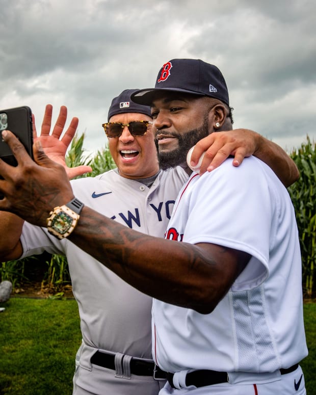 Alex Rodriguez with David Ortiz at Field of Dreams game