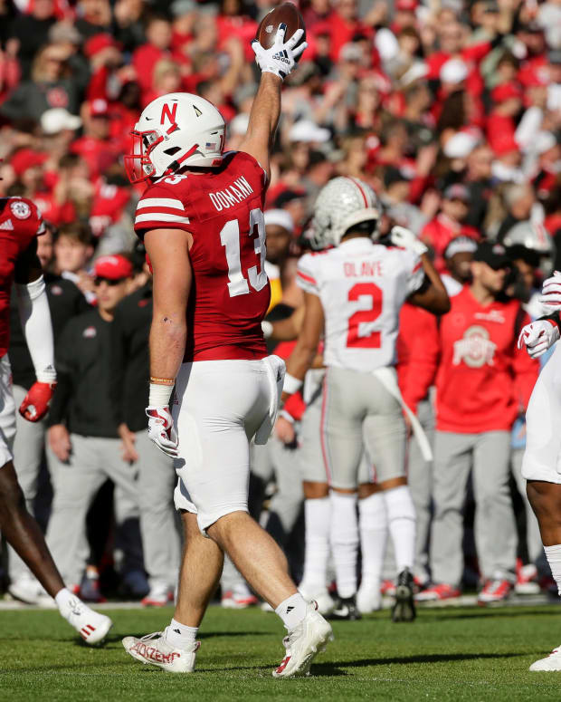 A pass from Ohio State Buckeyes quarterback C.J. Stroud (7) was intercepted by Nebraska Cornhuskers linebacker JoJo Domann (13) during Saturday's NCAA Division I football game at Memorial Stadium in Lincoln, Neb., on November 6, 2021.