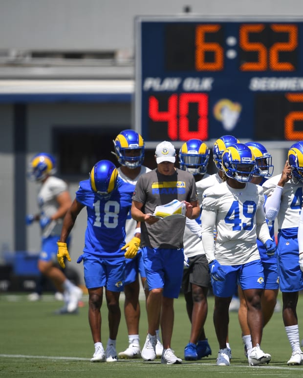 Jun 8, 2021; Thousand Oaks, CA, USA; Los Angeles Rams players go through drills during mini camp held at the team practice facility at Cal State Lutheran. Mandatory Credit: Jayne Kamin-Oncea-USA TODAY Sports